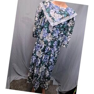 Lady Dorby Floral Midi Dress Women XL Blue Green Lace Trim Vintage 90's Modest